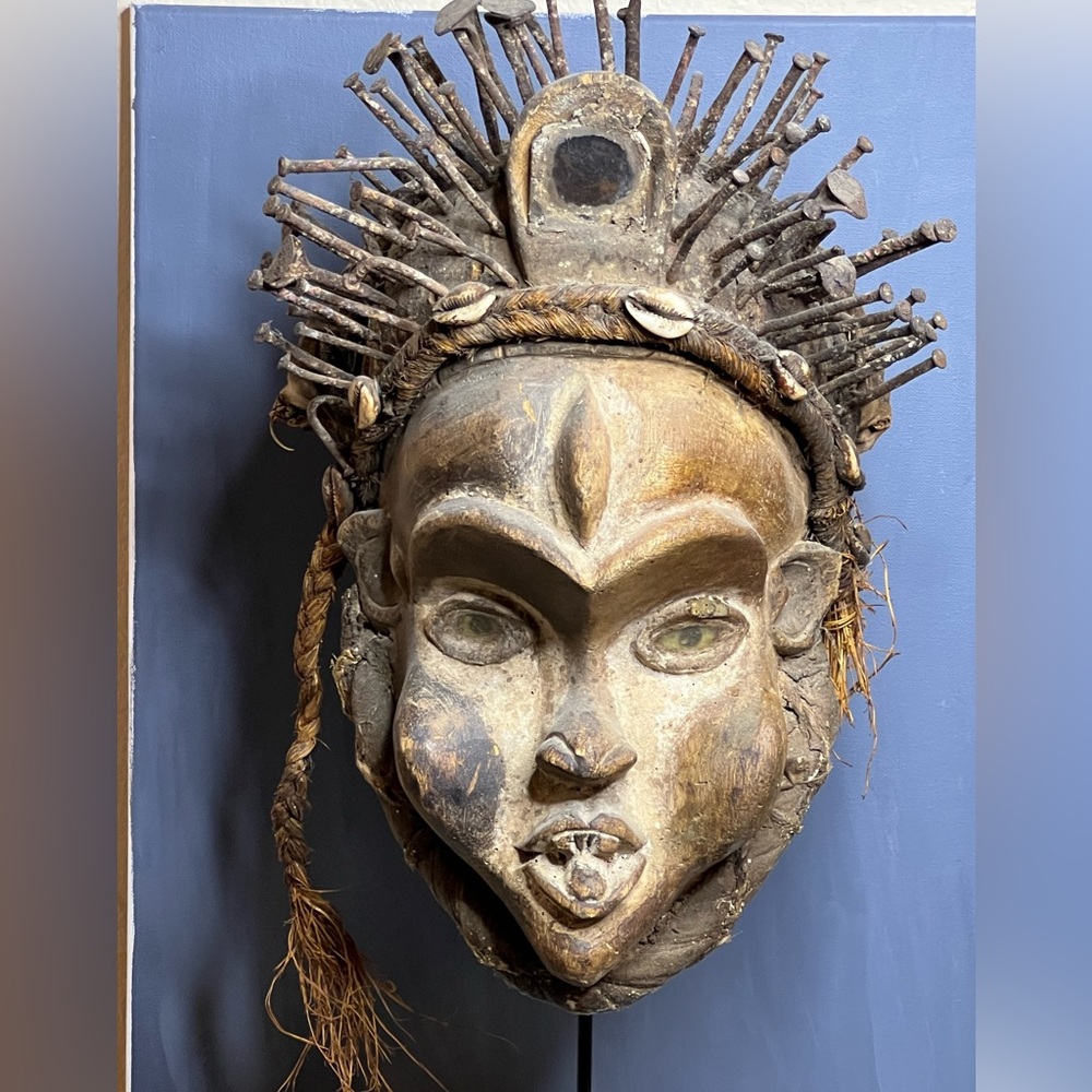 Old Tribal Bakongo Faced Mask w/ Fetish Nkisi Nails and Head Cap Manyanga Tribe